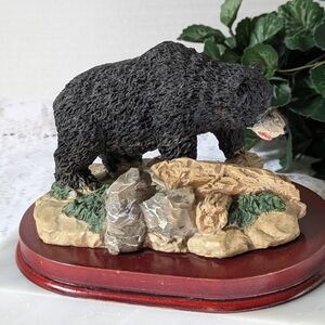 Vintage Black Bear Figurine on Wood And Marble Base Resin Grizzly